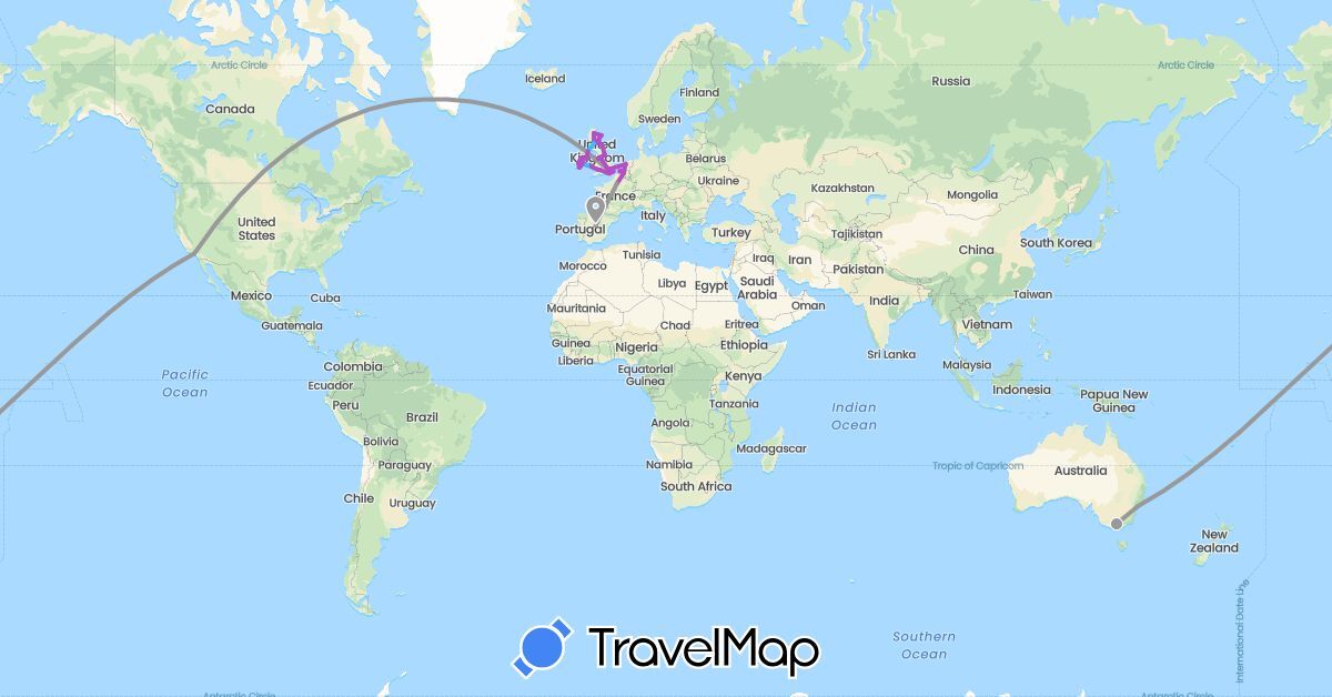 TravelMap itinerary: driving, plane, train, boat in Australia, Belgium, Spain, France, United Kingdom, Ireland, Netherlands, United States (Europe, North America, Oceania)
